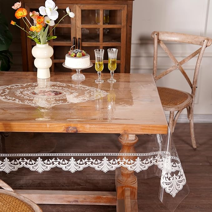 Clear Table Cover Protector Rectangle Vinyl Table Cloth Waterproof Oil Spill Proof Wipe Clean Lace Plastic Tablecloths for Dining Tables (French Lace, 60 x 84 Inches)