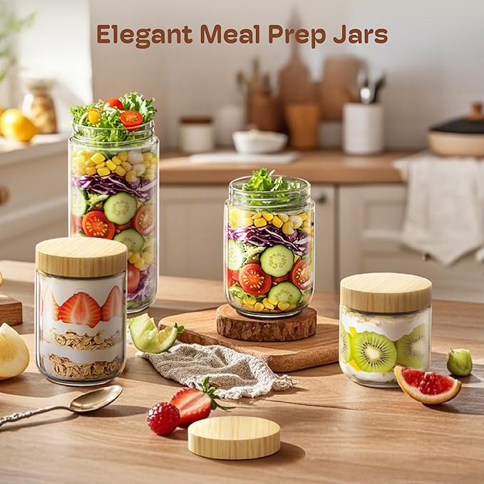 4 pack 16oz Overnight Oats Containers with Bamboo Lids, Glass Jars with Airtight Lids for Meal Prep, Wide Mouth Mason Salad Jars, Glass Food Storage Container for Yogurt Chia Snacks Spice Sugar