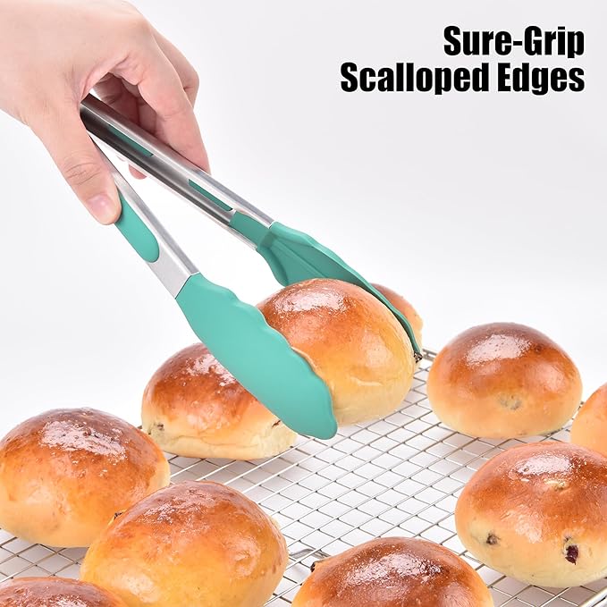 Doosu Kitchen Tongs for Cooking - 600°F Heat Resistant Food Tong Set with Non-Scratch Silicone Tips, Heavy Duty Stainless Steel Locking Tong for BBQ, Grilling Steak, Serving (7+9+12in, Aqua Sky)
