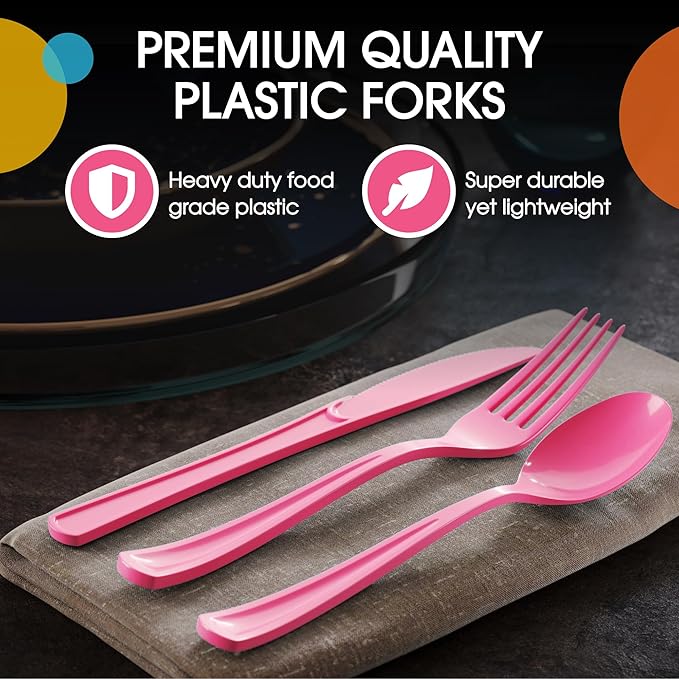 Party Solids Hot Pink Plastic Silverware Heavy Duty 150 Pieces Hot Pink Plastic Cutlery Sets, Utensil Sets, 50 Of Each Forks, Knives & Spoons Disposable Cutlery Set, Flatware Set For Party Supplies