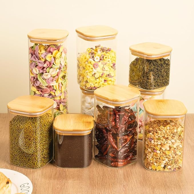 5 Set Glass Jars with Bamboo Lids, Square Food Storage Containers, Glass Pantry Storage Containers with Lids for Pasta, Cereal, Flour, Sugar