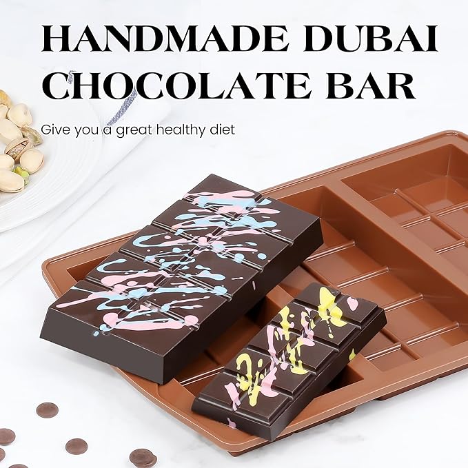 2 Pcs Dubai Chocolate Bar Mold Deep Silicone 0.85 Inch Large Stuffed Chocolate Molds Nonstick Break Apart Square Shape Thick Candy Bar Molds