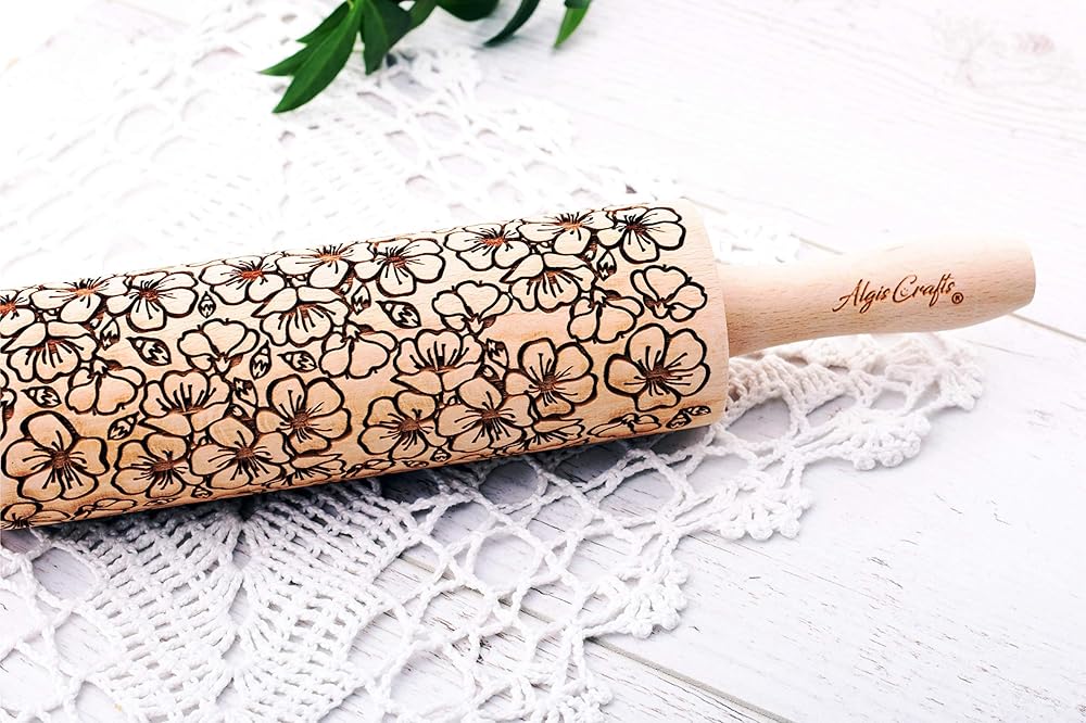 SAKURA Embossing rolling pin. Japanese Cherry Blossom embossed dough roller by Algis Crafts
