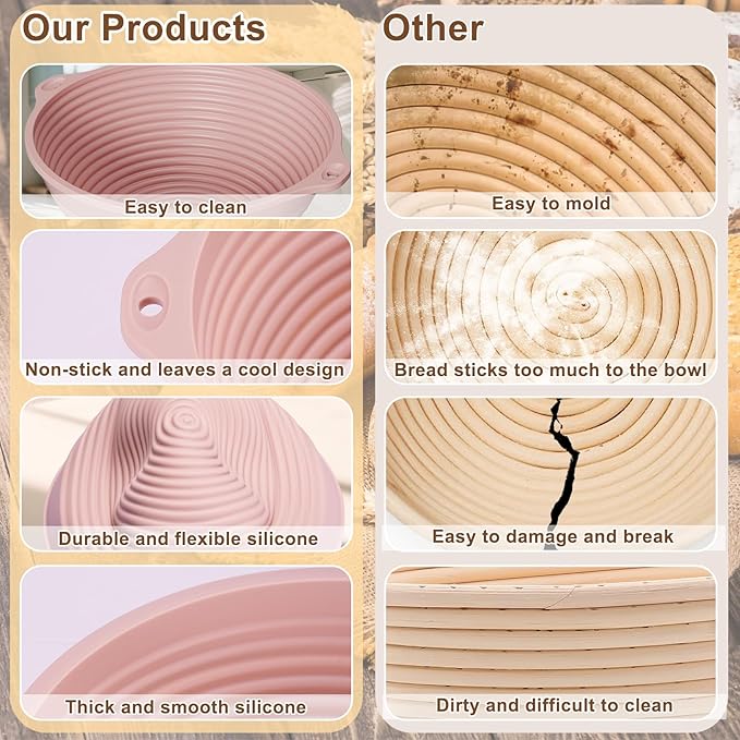 2 Pcs Upgraded Silicone Sourdough Bread Proofing Basket with Handles - Reinforced Rim Support, 9 Inch Round Foldable Bowls for Sourdough Bread Baking, Oven & Dishwasher Safe-BPA Free (Green+Pink)