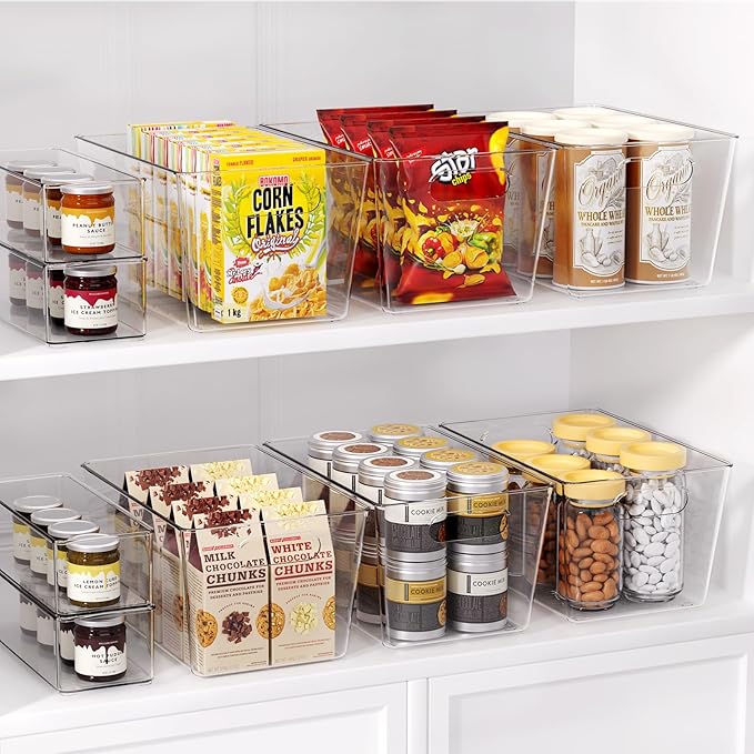 8 Pack Large Clear Plastic Storage Bins, Refrigerator Cabinet Organizers with Handles for Pantry Organization and storage, Perfect for Home Organization, Kitchen, Laundry, Office& Garage