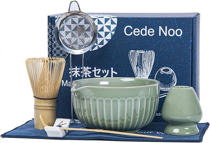 Matcha Whisk Set, Matcha Starter Kit for Tea Ceremony, Ceramic Matcha Bowl with Spout, Bamboo Whisk, Scoop, Ceramic Holders, Stainless Sifter, Towel, 7pcs Japanese Tea Making Tools (Green)