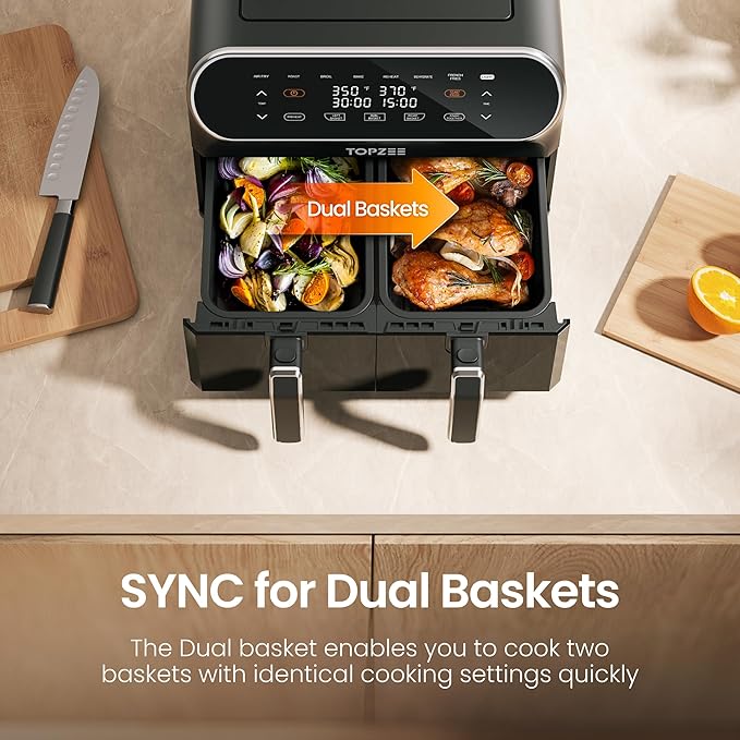 Topzee 8QT Dual Basket Air Fryer – Large Air Fryer with Independent Controls, 8 Preset Modes, Sync & Finish Together, Easy View Windows, Black