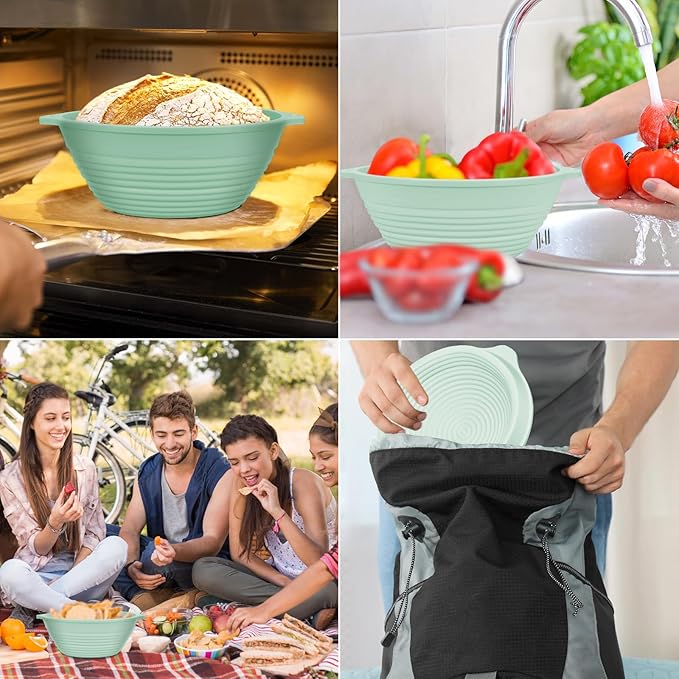 Upgraded Silicone Sourdough Bread Proofing Basket with Handles - Reinforced Rim Support, 9 Inch Round Foldable Bowls for Sourdough Bread Baking, Oven & Dishwasher Safe-BPA Free (Green)