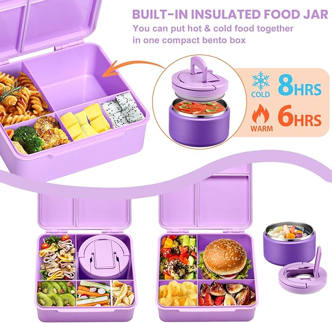 Bento Lunch Box for Kids with 8oz Soup Thermo,Kids Leakproof Lunch Food Containers with 4 Compartment,Kid Insulated Thermo Hot Food Jar for School,Trvael-Purple