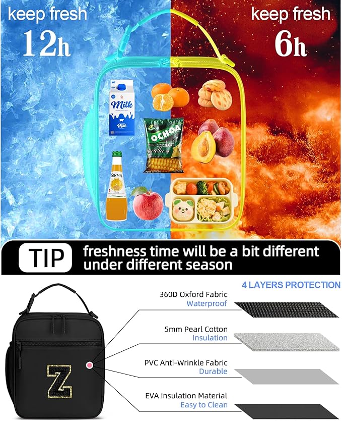 Initial Insulated Lunch Bag for Boys Kids, Back to School Gift, Reusable Leak-proof Lunch Box with Adjustable Strap for School Daycare Travel Picnic（Black，Z）