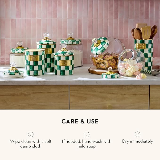 MACKENZIE-CHILDS Medium Kitchen Canister, Decorative Glass Storage Jar with Lid, Green-and-White Emerald Check