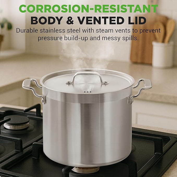 NutriChef 16-Quart Stainless Steel Stockpot - 18/8 Food Grade Heavy Duty Large Stock Pot for Stew, Simmering, Soup, Includes Lid, Dishwasher Safe, Works w/Induction, Ceramic & Halogen Cooktops
