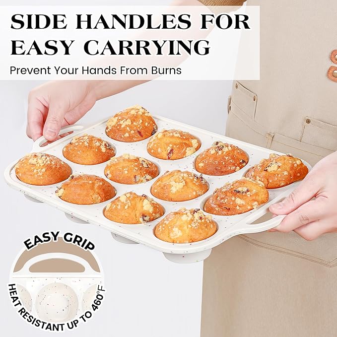 Regular 12 Cup and Mini 24 Cup Nonstick Cupcake Pan Set Silicone Muffin Pan for Baking Silicone Cupcake Mold with Metal Reinforced Frame BPA Free (2 Pcs, Cream)