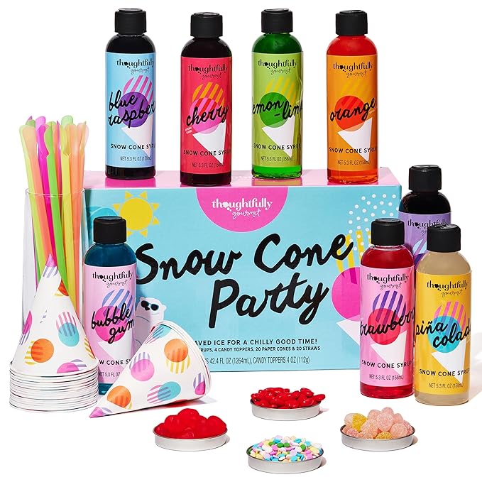 Thoughtfully Gourmet, Snow Cone Party Gift Set, Includes Ingredients for 20 Snow Cones, 8 Flavored Syrups, Toppings, and Paper Cups, Set of 20