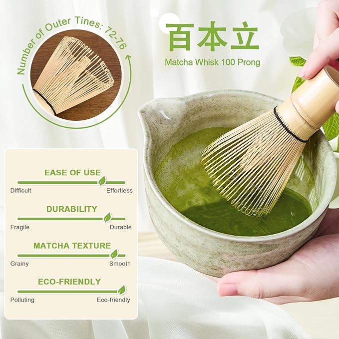 7Pcs Matcha Whisk Set - Matcha Bowl with Spout, Bamboo Whisk (Chasen), Holder, Stainless Sifter, Tea Scoop, Tea Towel, Scoop Rest. Full Japanese Ceremony Matcha Kit, Perfect Gift for Tea Fans (Green)