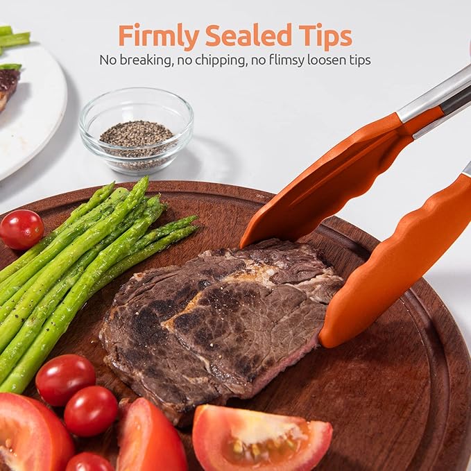 Heat Resistant Silicone Kitchen Tong: U-Taste 9 inch 480ºF Hot Proof Cooking Tong with Firm Sealed Non Stick Rubber Tips & Silicon Coated Steel Handle & Smooth Locking for Serving Grill Salad (Orange)