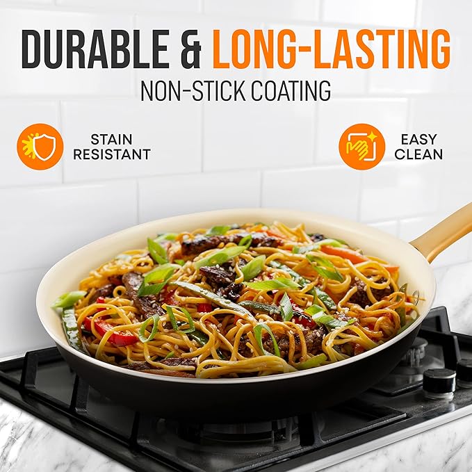 NutriChef 10" Medium Ceramic Fry Pan - Non-Stick Ceramic Coated Skillet with Stylish Titanium Handle, Durable, Easy to Clean, Professional Cookware