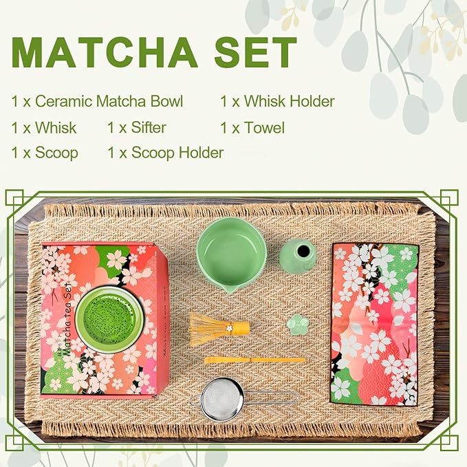 Matcha Set–7-Piece Set Including Matcha Bowl with Spout, Whisk, Chasen Holder, Sifter, Bamboo Scoop,Scoop Stand,wood spoon(Daisy Green)–Perfect for Matcha Lovers&Tea Ceremonies