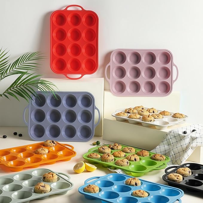 12 Cups Silicone Muffin Pan with Metal Reinforced Frame Regular Size Cupcake Pan Tray Egg Bites Silicone Circle Cookie Molds Muffin Tin Tart Pans Baking Sheet Set for Breakfast Sandwiches