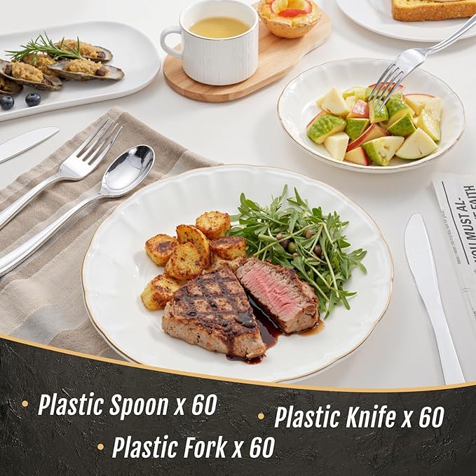 WDF 180 Pieces Silver Plastic Silverware - Silver Plastic Cutlery - Fancy Plastic Silverware Heavy Duty - 60 Forks 60 Knives 60 Spoons - Disposable Plastic Utensils Perfect for Party/Wedding/Christmas