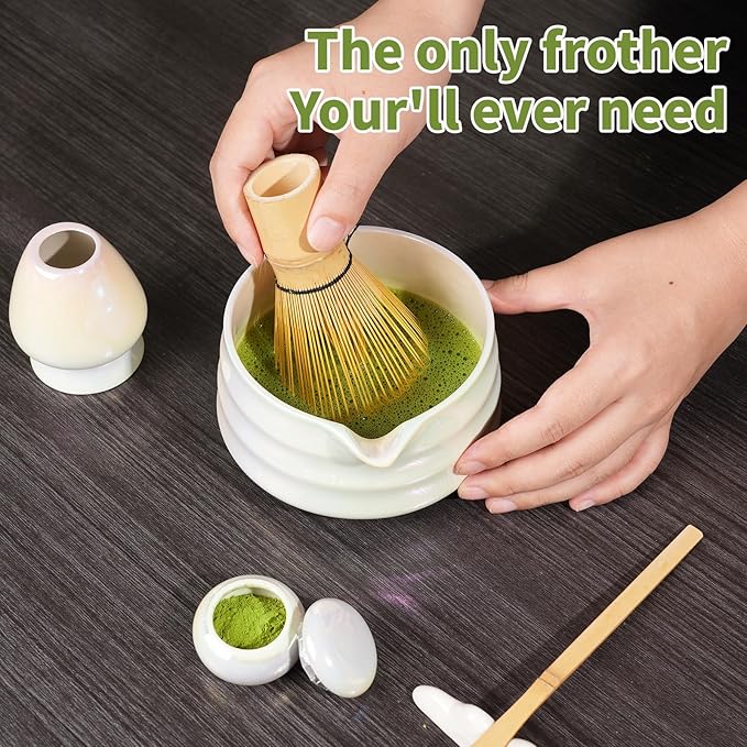 Matcha Whisk Set,Ceramic Matcha Set,Bowl With Spout, Powder Starter Sifter, Ceramic Whisk Holder, 8 pcs Matcha Tea Kit for Matcha Lovers