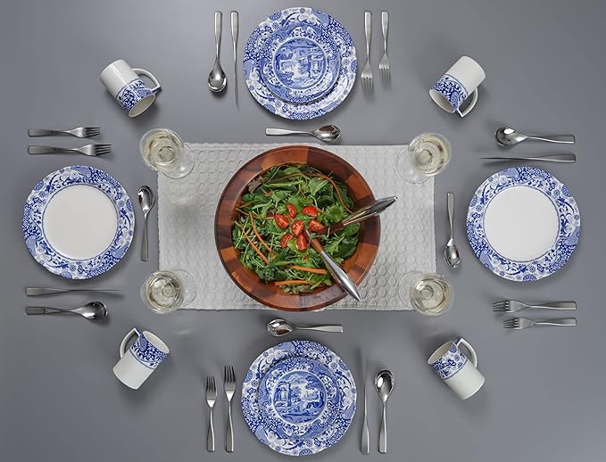 Spode Blue Italian Brocato 12 Piece Dinnerware Set - Service for 4 with Earthenware Dinner Plates, Salad Plates, Mugs - Dishwasher & Microwave Safe Oriental Inspired Tableware