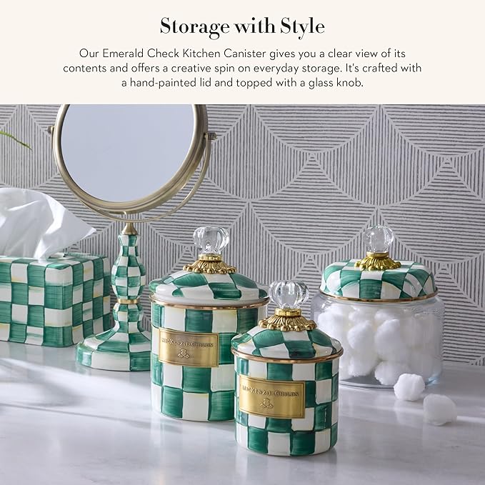 MACKENZIE-CHILDS Small Kitchen Canister, Decorative Glass Storage Jar with Lid, Green-and-White Emerald Check