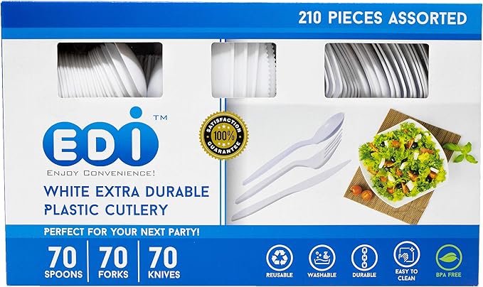 EDI [210 Piece] White Disposable Plastic Cutlery Set, Assorted - 70 Forks, 70 Knives, 70 Spoons | Extra Durable
