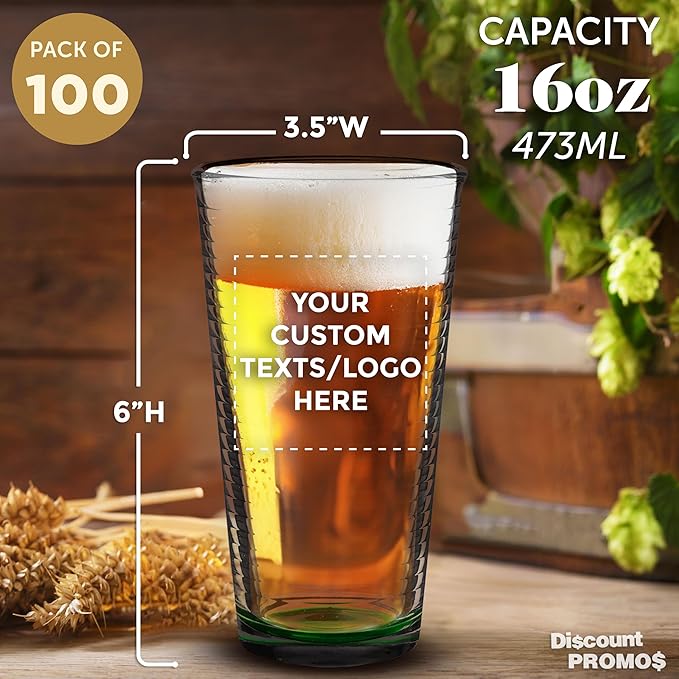 Custom Spiral Pint Glass 16 oz. Set of 100, Personalized Bulk Pack - Beer Glasses, Heavy Duty Drinkware - Green
