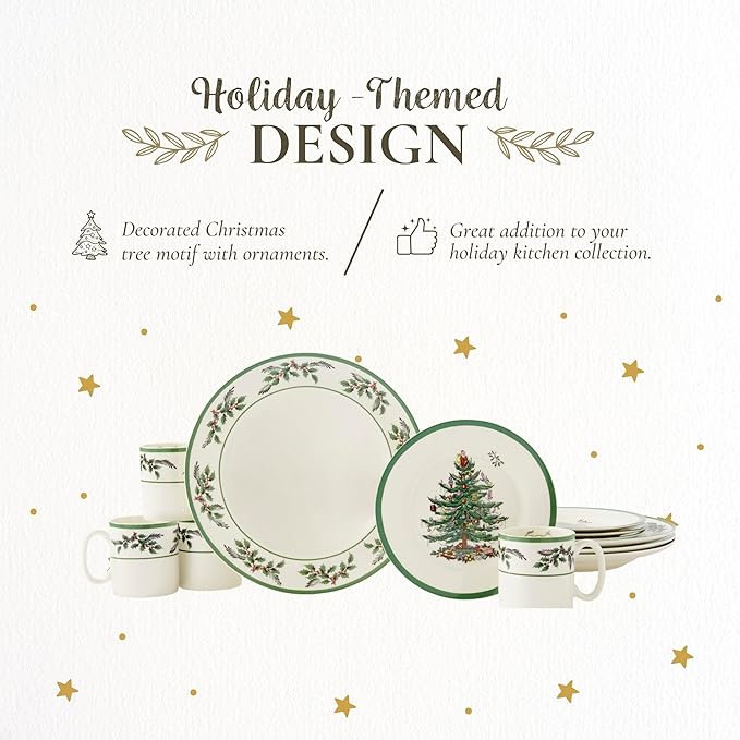 Spode Christmas Tree 12-Piece Dinnerware Set (Service for 4) - Festive Holiday Tableware with Plates & Mugs - Fine Earthenware Christmas Dinnerware - Microwave & Dishwasher Safe