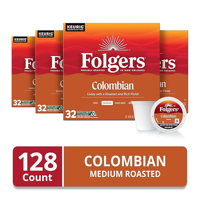 Folgers Colombian Medium Roast Coffee, 128 Keurig K-Cup Pods