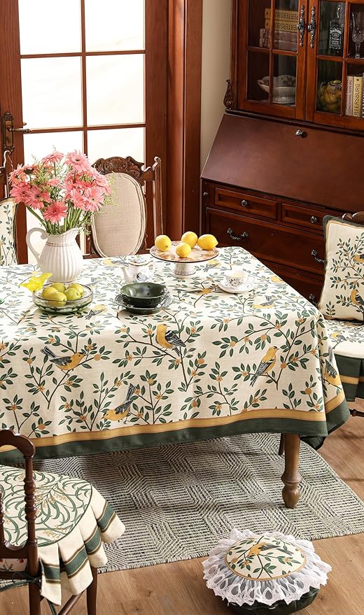 patdrea Designer Vintage French Small Rectangle Table Cloth,Green Linen Yellow Birds and Leaves Pattern Tablecloth,Decor Table Cover Kitchen Dining Christmas,Banquet,Thanksgiving,55"x71"-Warbler