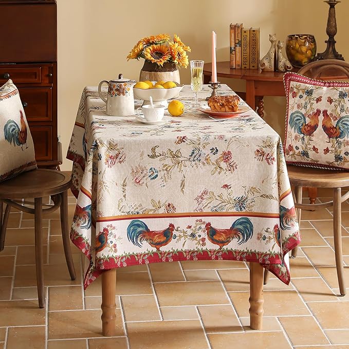 patdrea Designer Small French Rectangle Tablecloth,Red Vintage Linen Animals Pattern Breathable Tablecloths,Decor Floral Table Cover for Kitchen Dining Christmas,Thanksgiving,55"x71"-Townlife E