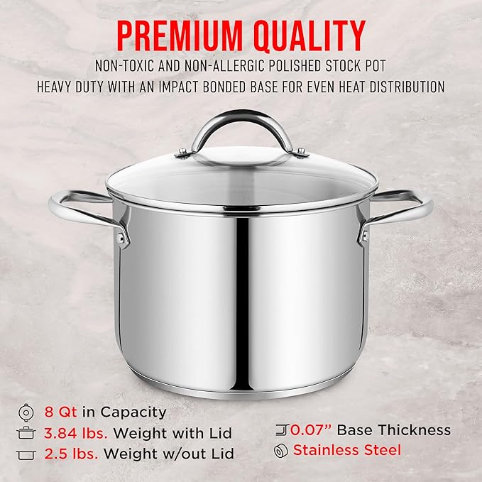 Stainless Steel Stockpot with Tempered Glass Lid 8 Quart, Durable 18/0 Stainless Steel, Impact-Bonded Base for Even Heating, Riveted Handles, Oven & All Stove Compatible, Safe Up To 500°F (260°C)