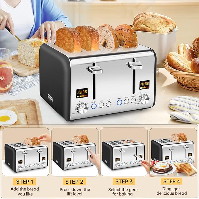 SEEDEEM 4 Slice Stainless Toaster - Color LCD Display, 7 Shade Settings, 1.5'' Wide Slots, Bagel/Defrost/Reheat Functions, Removable Crumb Tray, Dark Chocolate, 1800W