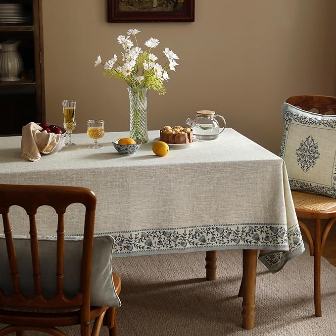 ISAENNE Designer Vintage Linen Elegant Long Tablecloth Rectangle,Chinoiserie Floral Table Cloth,Anti-Wrinkle Decor Table Cover for Dining Thanksgiving Kitchen Christmas,63"*94"-Segerman B