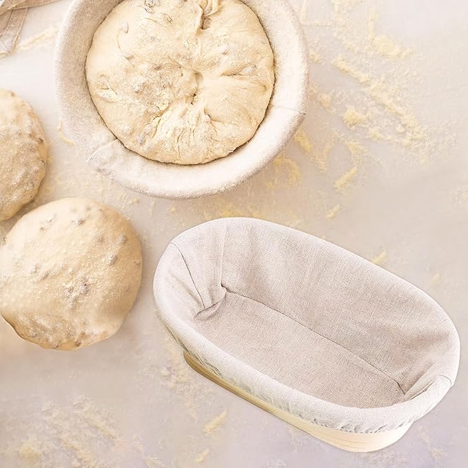 Sourdough Bread Baking Supplies, 2 Pack Banneton Bread Proofing Basket 10 inch Round & 10 inch Oval Proofing Bowls for Sourdough Bread with Liner Making Baking Fermentation Tools