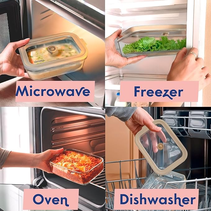 Ziruma Non-Toxic 4 Pack - Glass Food Storage Containers With Lids – Plastic Free, Airtight Meal Prep Containers, Multi-Size (12, 21, 35, 50 Oz), Microwave & Freezer Safe