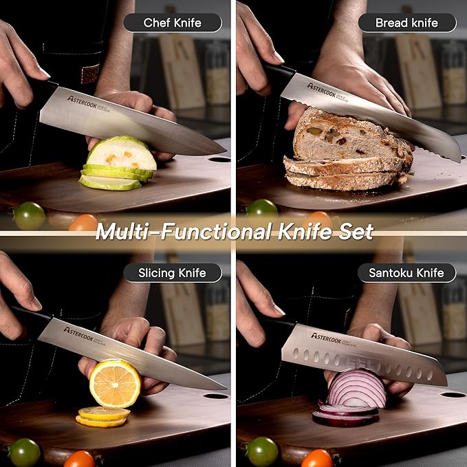 Astercook Knife Set, 15 Pieces Kitchen knives Set with Built-in Sharpener, High Carbon German Stainless Steel Chef Knife Block Sets, Sharp & Rust Resistant Dishwasher Safe, Black