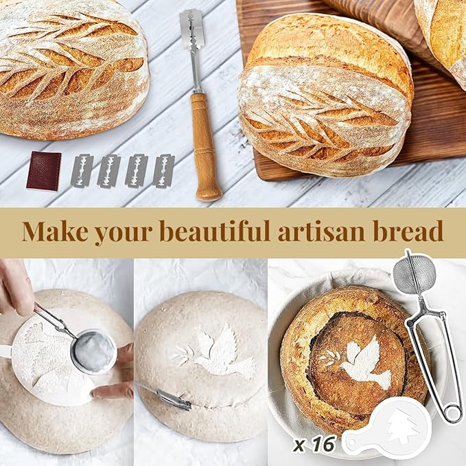 Sourdough Starter Kit, Sourdough Bread Baking Supplies with 2 Pcs 10" Oval Banneton Bread Proofing Baskets, Dough Scraper, Dough Whisk, Bread Lame, Silicone Sling, Spatula, Recipe
