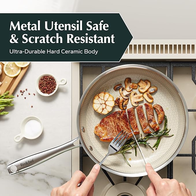Redchef Hybrid Ceramic Nonstick 11-Inch Frying Pan with Stay-Cool Handle, Dishwasher & Oven Safe, Induction Compatible, Tri-Ply Stainless Steel & Aluminum, All Cooktops