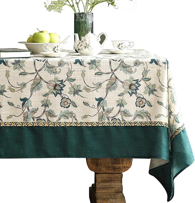 patdrea Designer Green Linen Table Cloth for Rectangle Table,Vintage Floral Pattern Durable Tablecloth,French Cover Decor for Kitchen Dining,Christmas,Thanksgiving,Tea Party,55"x79"-Noah