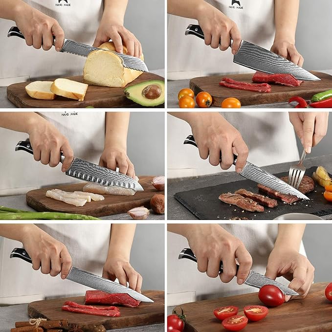 16-Piece Damascus Knife Set with Block - VG10 67-Layer Steel, Razor Sharp, Triple-Rivet Handles, 6 Steak Knives, Meat Fork, Sharpener & Scissors, Black