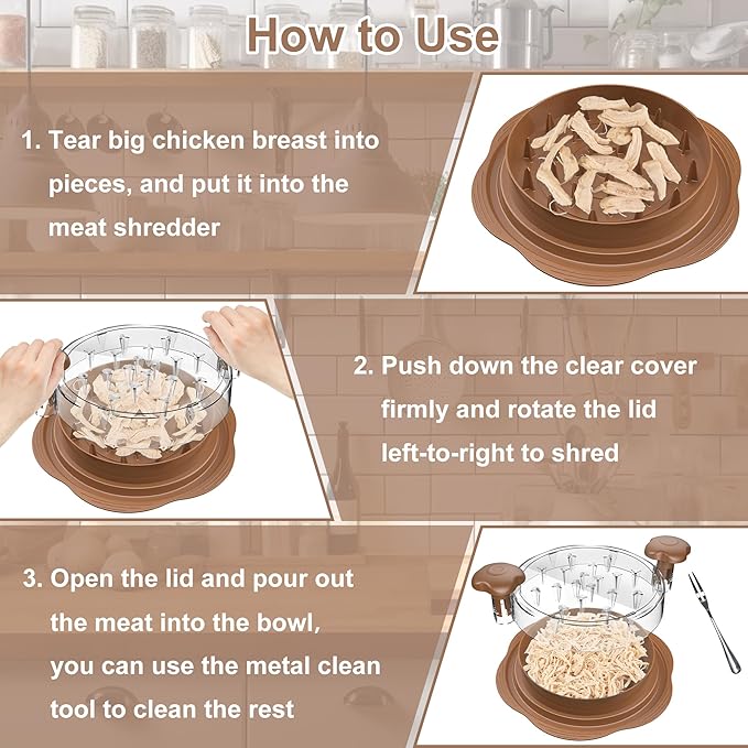 Chicken Shredder Large Chicken Breast Shredder Tool Twist with Brush&Fork, Visible Meat Shredder Machine, Anti-Slip Strip, Ergonomic Handle, BPA Free, Suitable for Pork Beef Chicken(Brown)
