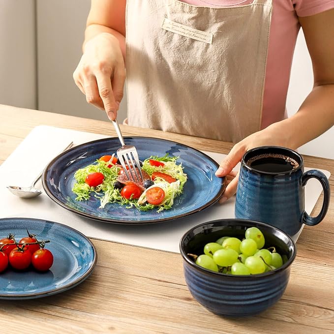 Hasense Plates and Bowls Set, 12 Pieces Ceramic Reactive Glaze Dinnerware Set of 4, Chip and Scratch Resistant Dinner Dishes Service, Handmade Serving Dish, Blue