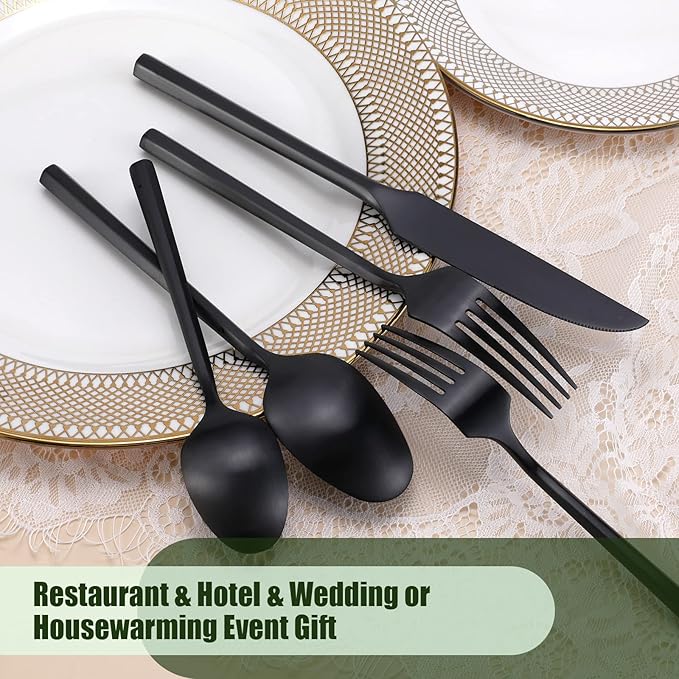 DEACORY Silverware Set Flatware Set Matte Black Cutlery Set Brushed Finished Hexagon Handle Heavy Stainless Steel 40 Pieces Dishwasher Safe Service for 8