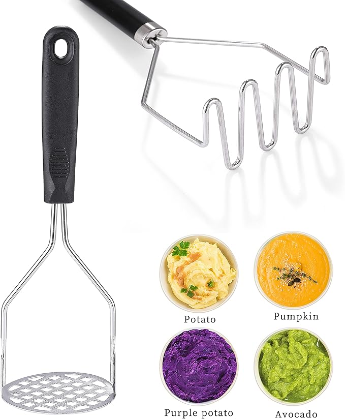 2PCS Potato Masher, OLULU Heavy Duty Stainless Steel Mashed Potatoes Masher, Masher Kitchen Tool for Avocado, Potatoes, Beans, Meat, Vegetables, 10.24inch, Dishwasher Safe