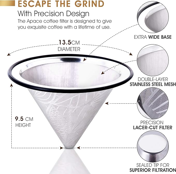 Compatible with Hario V60 Pour Over Coffee Filter - Wide Metal Base Reusable Stainless Steel Coffee Dripper - Paperless Coffee Filter for Sustainable Brewing