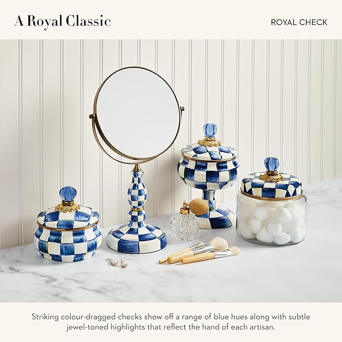 MACKENZIE-CHILDS Enamel Squashed Pot, Cute Enameled Container with Lid, 20 Ounces, Blue-and-White Royal Check
