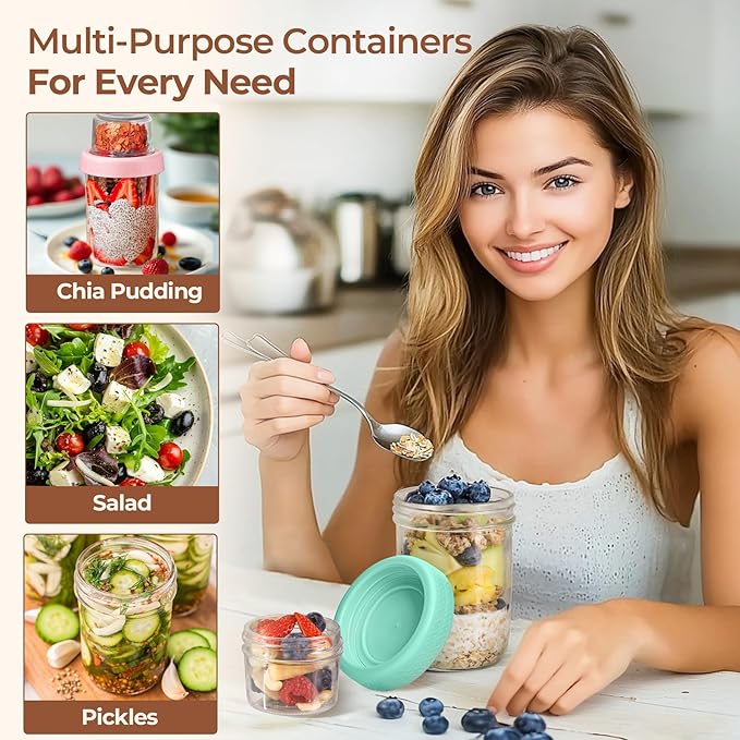 ComSaf Overnight Oats Containers with Lids (16oz+4oz, 4Pcs), Dual-Laryer Chia Pudding Jars with Dry and Wet Separation, Yogurt Parfait Cups for Oatmeal Cereal Nut Fruit, Meal Prep Glass Jars for Salad